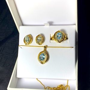 Blue Topaz 3- pc Jewelry Set, Pendant Necklace, Stud earrings and Ring